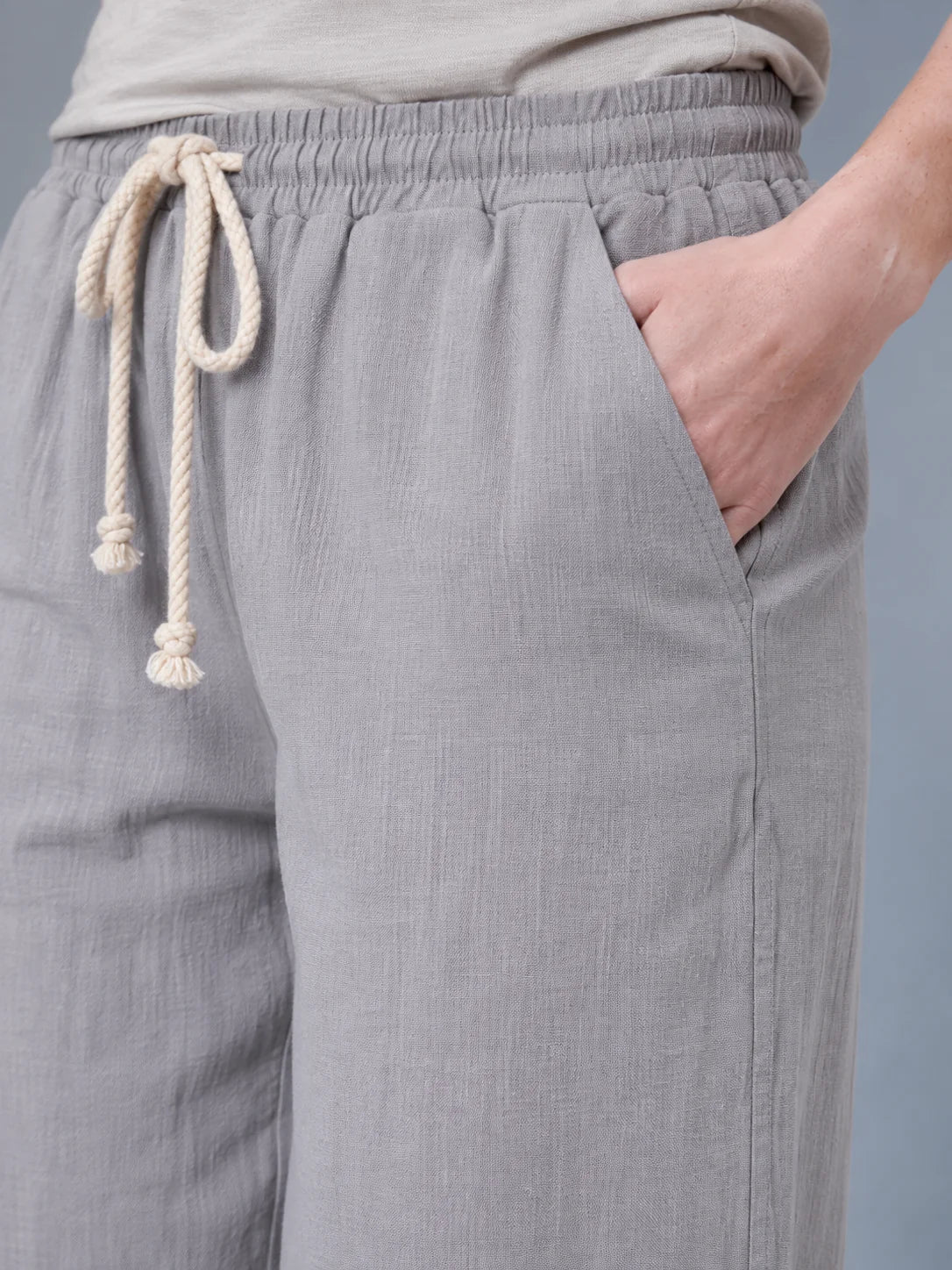  Bej Palazzo Keten Müslin Pantolon Geniş Paça Yüksek Bel E105